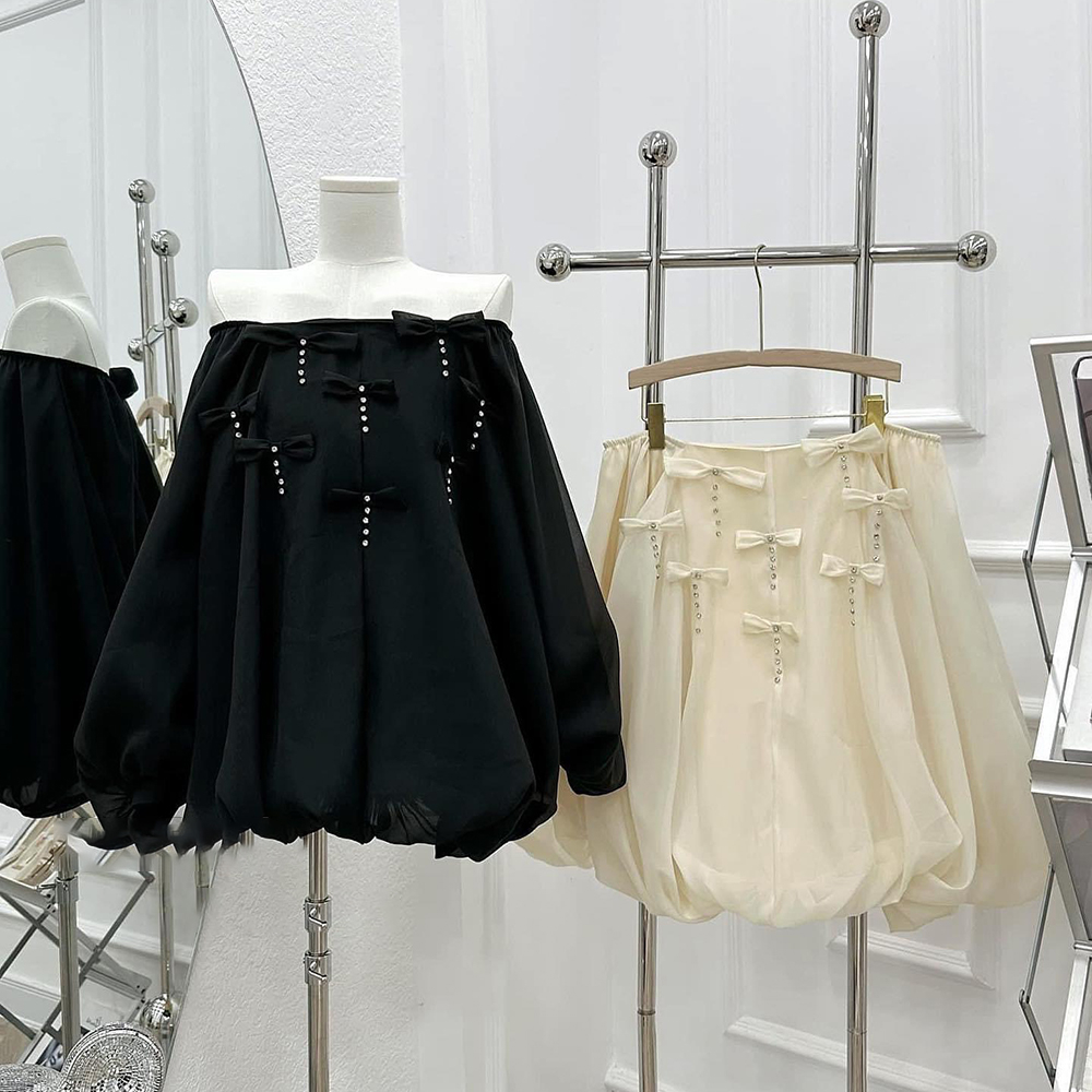 Áo trễ vai tay dài phồng bánh bèo váy kiểu thu đông đính nơ chuẩn from rộng giấu quần mã 822