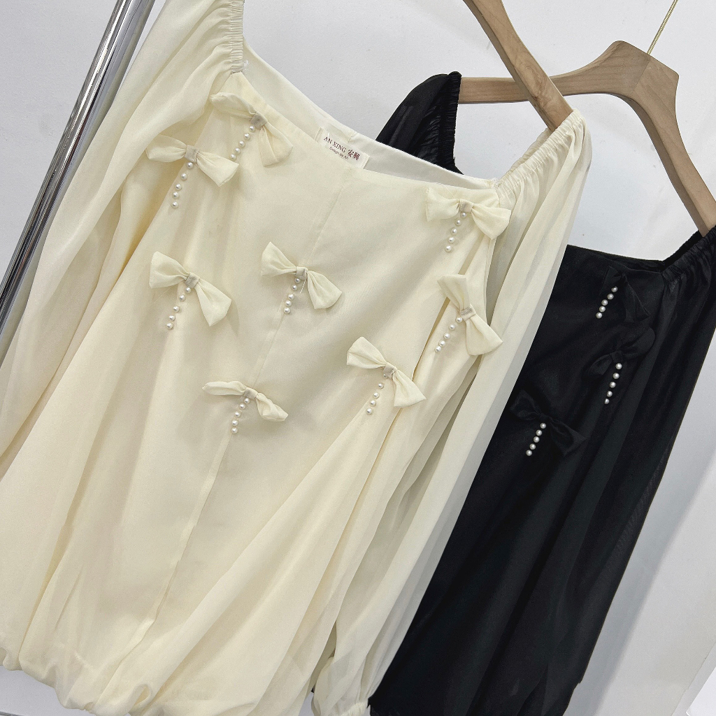 Áo trễ vai tay dài phồng bánh bèo váy kiểu thu đông đính nơ chuẩn from rộng giấu quần mã 822