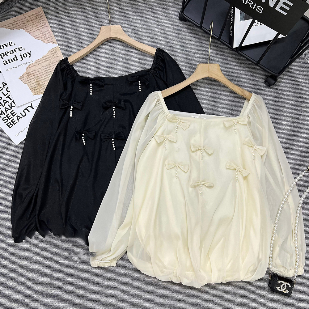 Áo trễ vai tay dài phồng bánh bèo váy kiểu thu đông đính nơ chuẩn from rộng giấu quần mã 822