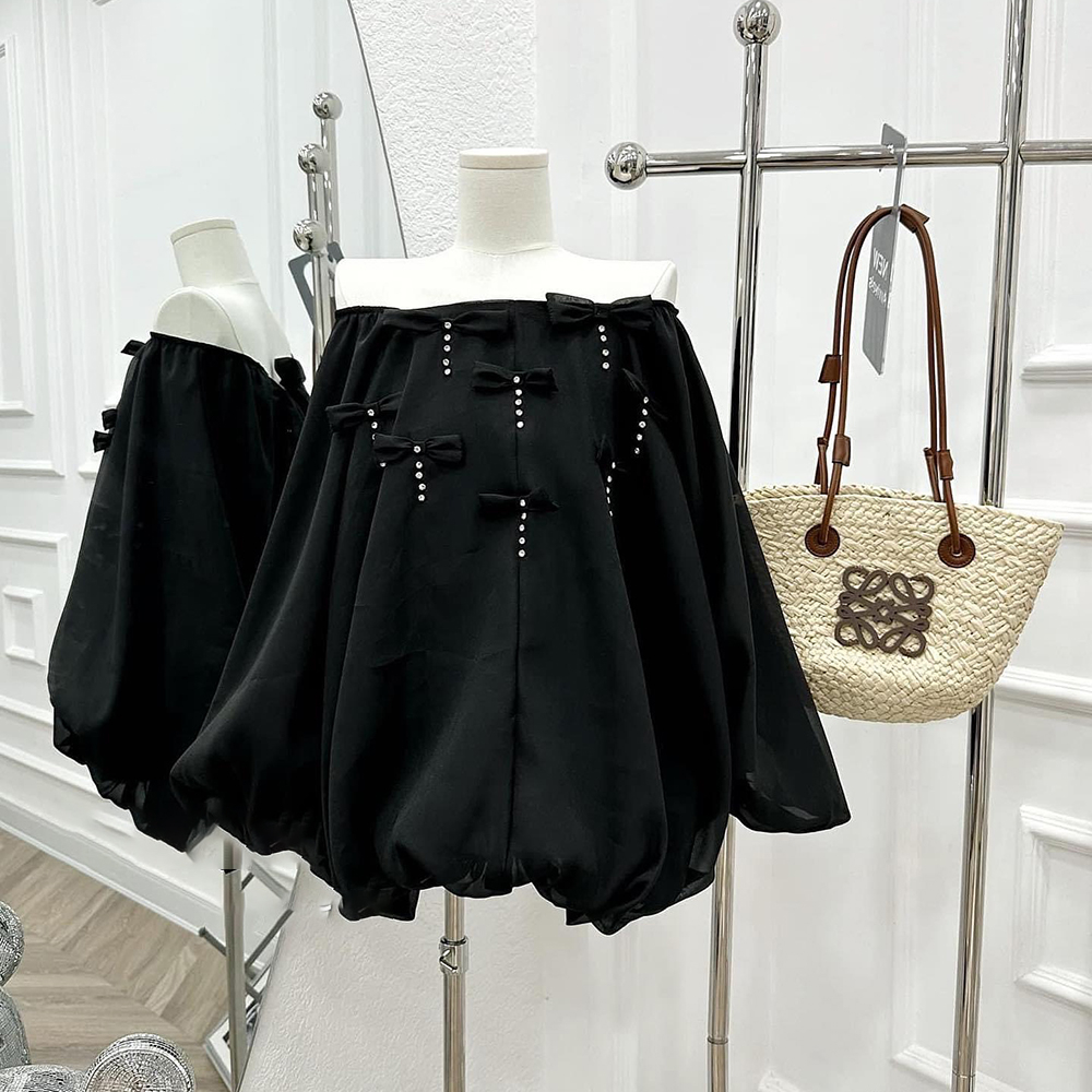 Áo trễ vai tay dài phồng bánh bèo váy kiểu thu đông đính nơ chuẩn from rộng giấu quần mã 822