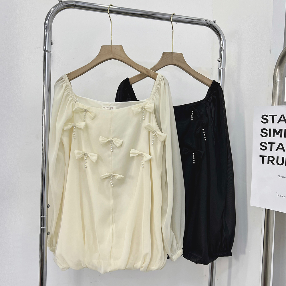 Áo trễ vai tay dài phồng bánh bèo váy kiểu thu đông đính nơ chuẩn from rộng giấu quần mã 822