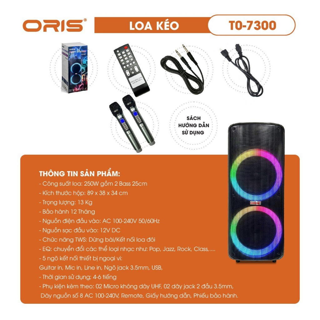 Loa karaoke blutooth ORIS TO-7300 bass 25cm x 2, loa kẹo kéo tặng kèm 02 mic sóng UHF hát nhẹ và hay