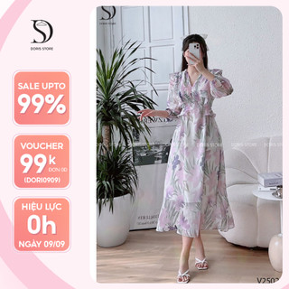 Váy thiết kế hai lớp DORIS dáng dài chất liệu tơ hoa cao cấp hoạ tiết mùa hè V2502