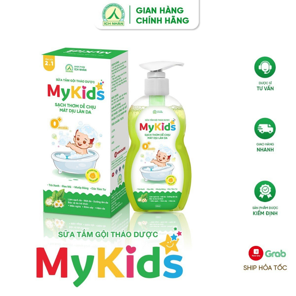 Sữa tắm gội thảo dược Mykids cho bé làm sạch, dưỡng ẩm cho da, bảo vệ da trẻ khỏi mụn nhọt, rôm sảy, mẩn ngứa Chai 200ml