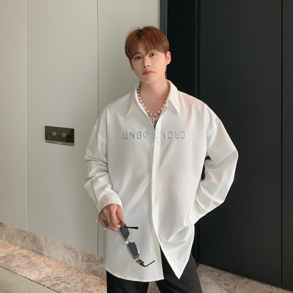 Áo sơ mi Junboy chữ thêu nam nữ unisex form rộng 783 P9