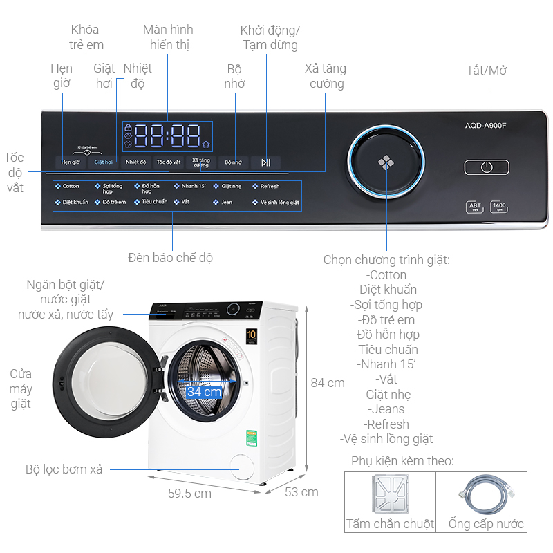 Máy giặt Aqua Inverter 9 kg AQD-A900F.W - Hàng chính hãng