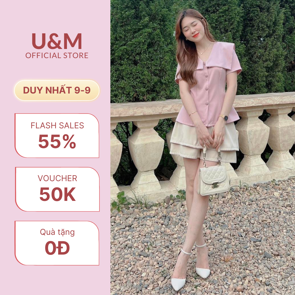 Set áo kiểu sơ mi Peplum cộc tay cổ thủy thủ phối quần giả váy nữ cạp cạo U&M công sở thanh lịch (AT27+CVT01)