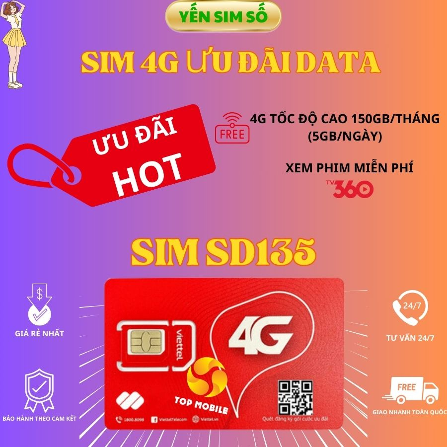 Sim 4G Viettel TỐC ĐỘ CAO, Sim Siêu Data, Sim Viettel SD135 150GB/tháng, Sim Viettel 5GB/ngày, Tặng Que Chọc Sim