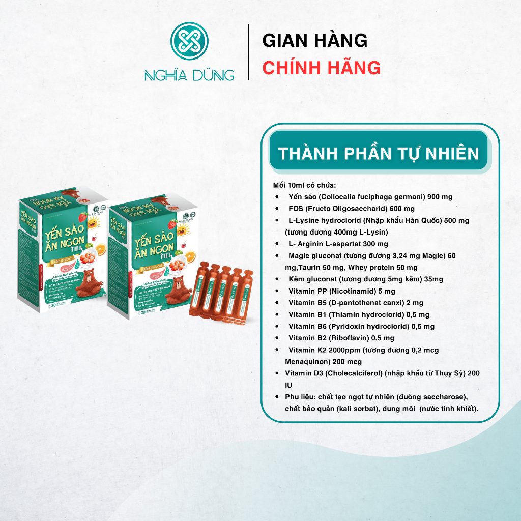(ND) Ăn ngon yến sào Nghĩa dũng (hộp 20 ống *10ml) giúp bé ăn ngon miệng, tiêu hoá tốt bồi bổ cơ thể