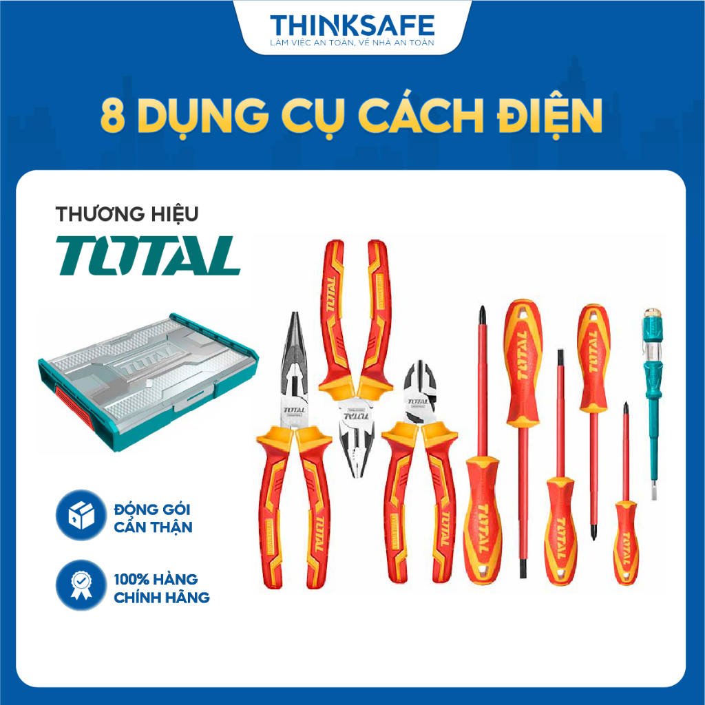 Bộ 9 công cụ cầm tay cách diện TOTAL THKTV02H091 cách điện hợp kim cao cấp dùng mở siết vít an toàn tiện ích - Thinksafe