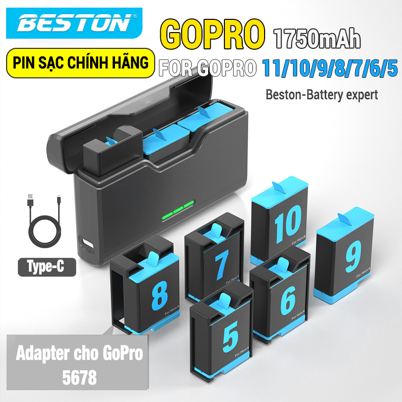 Pin Sạc Máy Quay GoPro Hero 5 6 7 8 9 10 11 12 Beston kèm dock sạc 3 pin GoPro tích hợp 2 cổng sạc, màn hình LCD