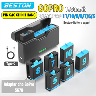Pin Sạc Máy Quay GoPro Hero 5 6 7 8 9 10 11 12 Beston, dock sạc 3 pin GoPro tích hợp 2 cổng sạc, màn hình LCD