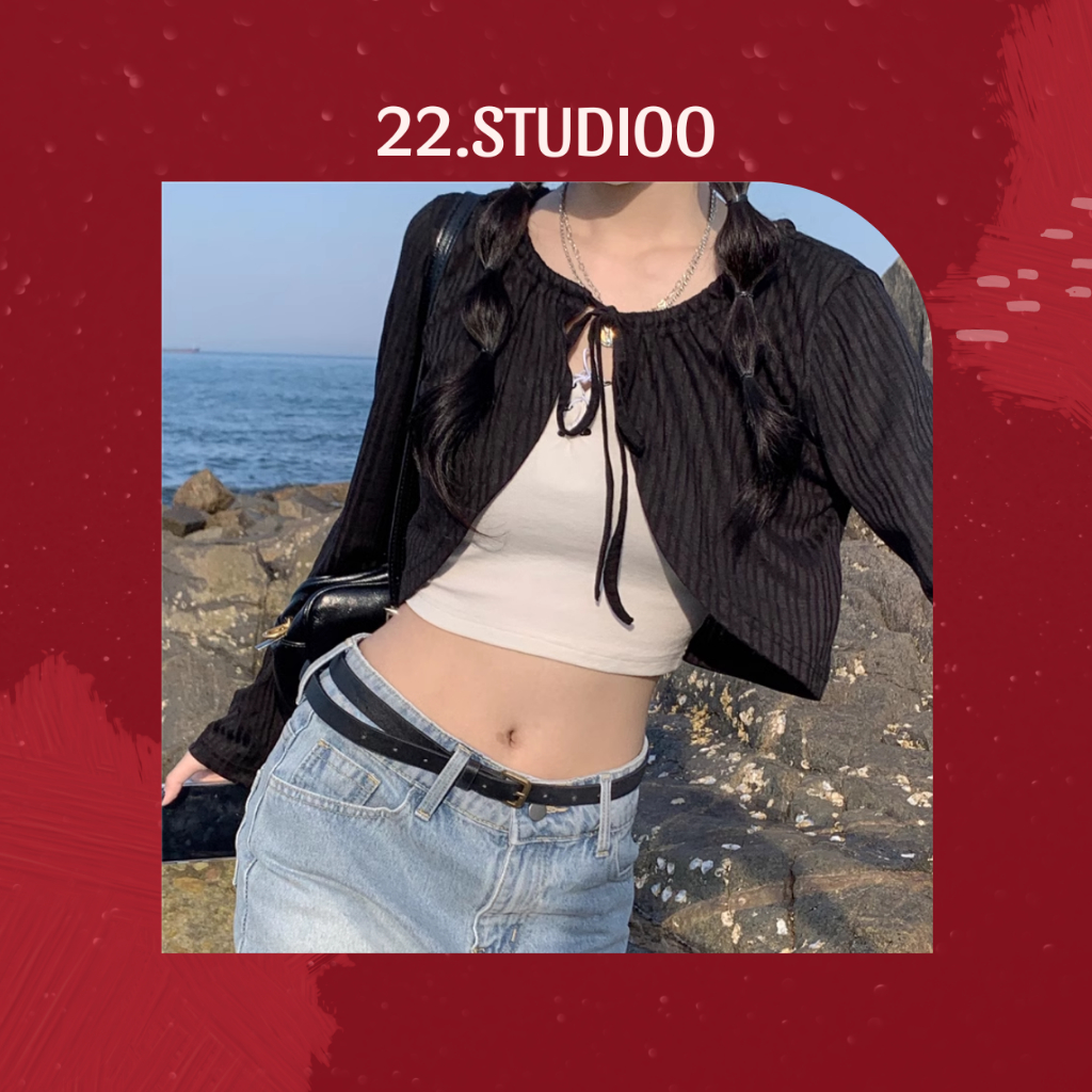𝟮𝟮.𝗦𝘁𝘂𝗱𝗶𝗼𝗼 ~ Áo cadigan croptop len mỏng áo khoác mỏng dài tay kiểu áo choàng dây rút cổ buộc nơ bánh bèo tiểu thư