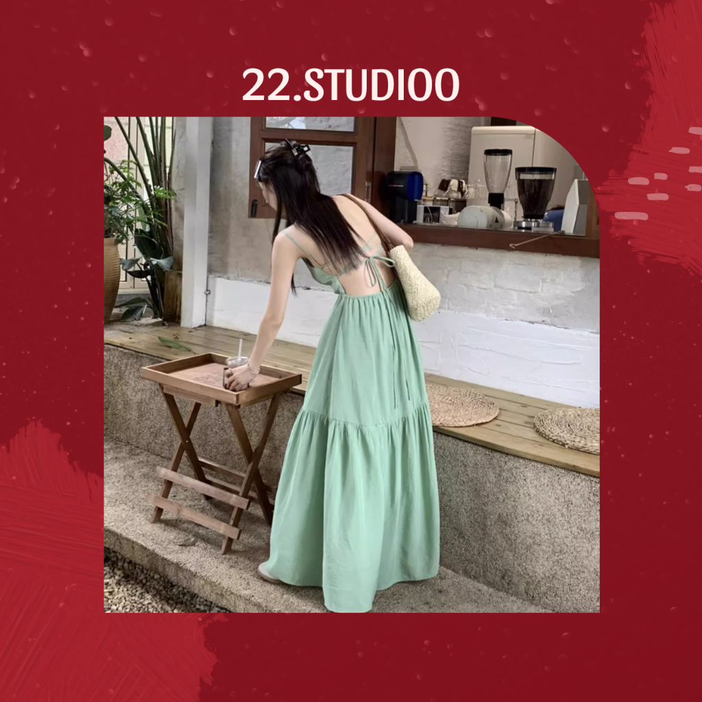 𝟮𝟮.𝗦𝘁𝘂𝗱𝗶𝗼𝗼 ~ Váy hai dây đi biển lưng đan dây đầm maxi hai dây hở lưng dáng dài xoè công chúa