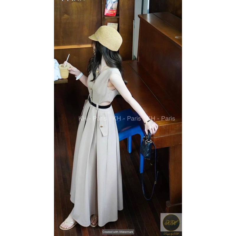 MAXI KAKI NÂU Nút Vàng Hở Eo  JARI-CLOTHES