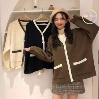 Áo Khoác len, Áo Len Cardigan Basic Phối Tương Phản Áo Bigsz Cổ V Dễ Phối Đồ Phù Hợp Mặc Đi Chơi Bé Tiu