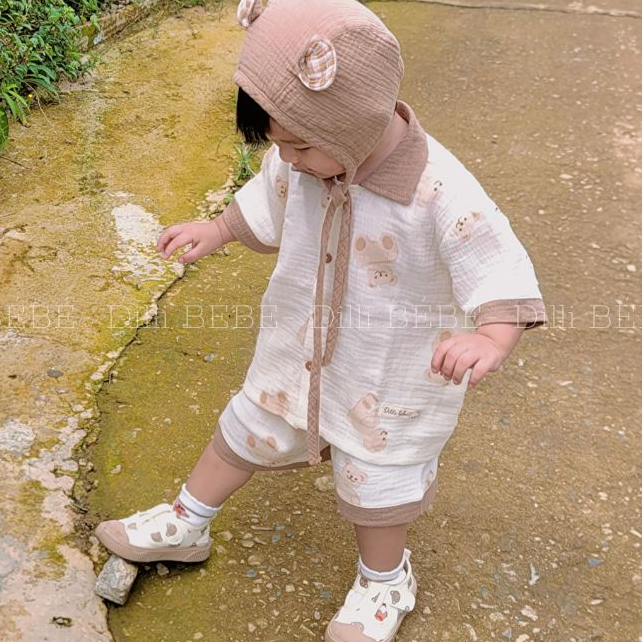 Đồ bộ sơ mi cộc tay quần ngắn phối cổ đi học cho bé trai bé gái trẻ em sơ sinh 0-4 tuôi vải Muslin - Dilli Bebe