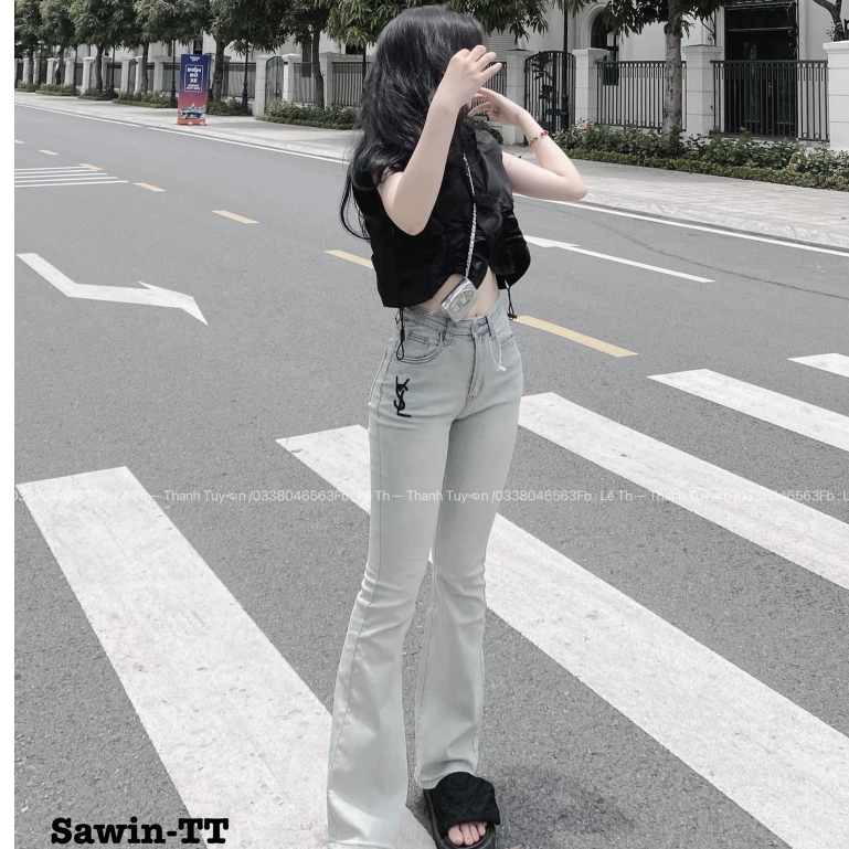 A21 Quần dài jeans denim bò ống loe màu bạc THÊU CHỮ YSL cực xinh