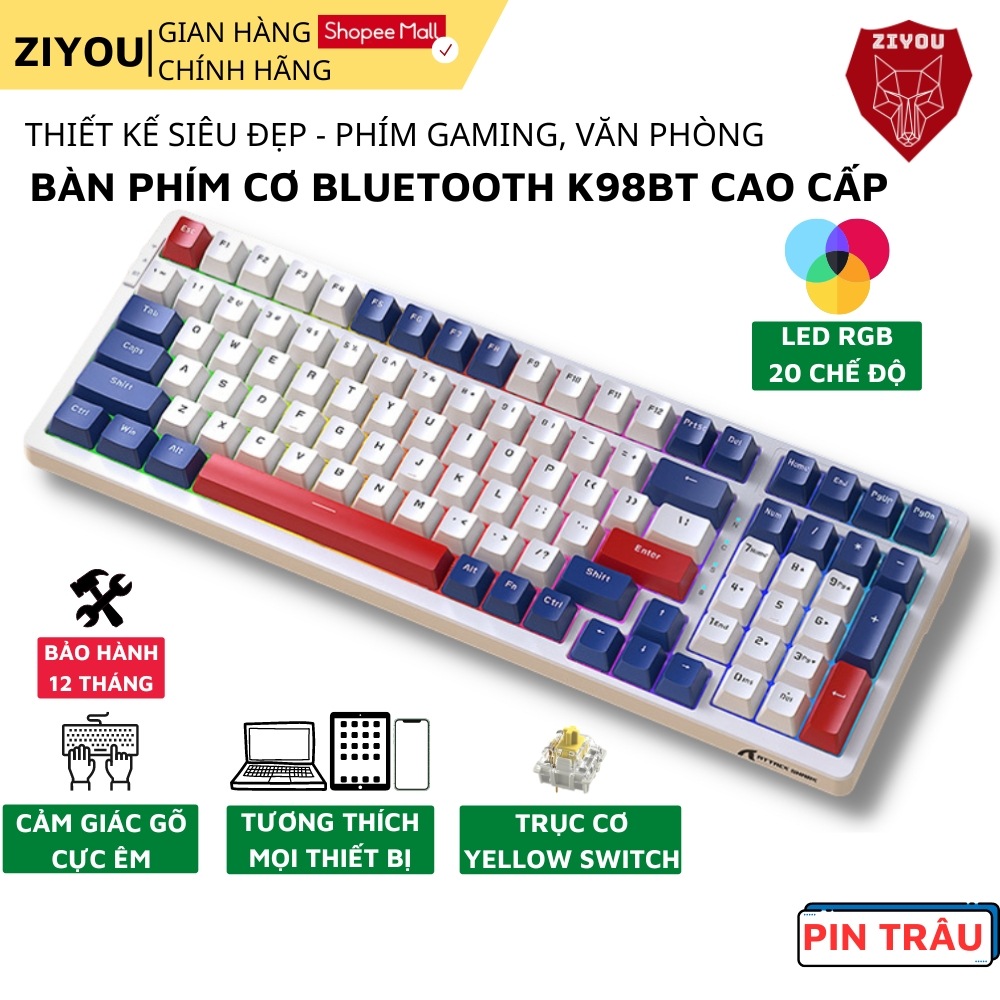 Bàn phím cơ không dây bluetooth FULL SIZE Hotswap Ziyou K98BT VIP LED RGB Cao Cấp