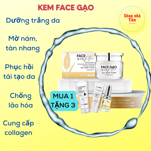 Kem Face Gạo 25gr+Tinh chất 20ml+Sữa Rửa Mặt 40ml+Kem Chống Nắng dưỡng da hoàn hảo