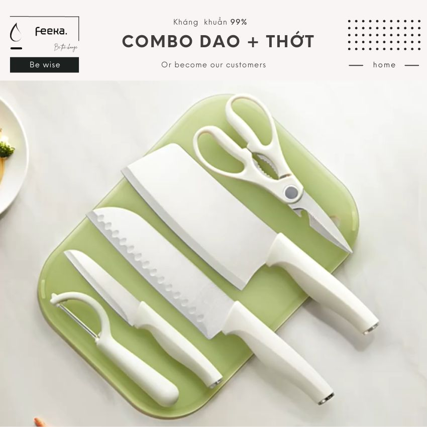 Combo dao thớt nhựa kháng khuẩn FEEKA cao cấp 2 mặt có quai cầm chống trượt tốt