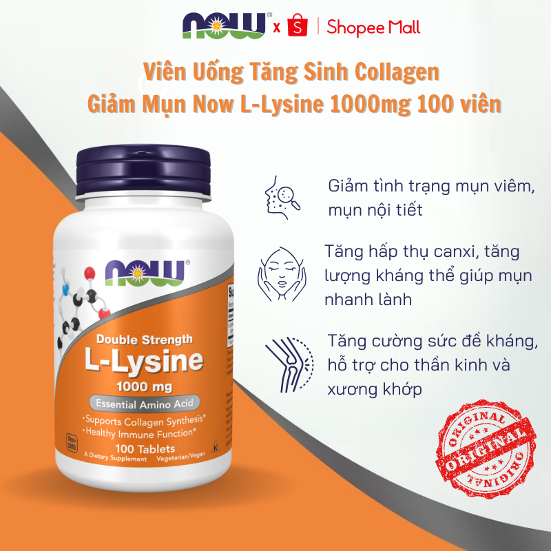 Viên uống hỗ trợ miễn dịch, tăng sinh collagen Now L-Lysine 1000mg 100 viên