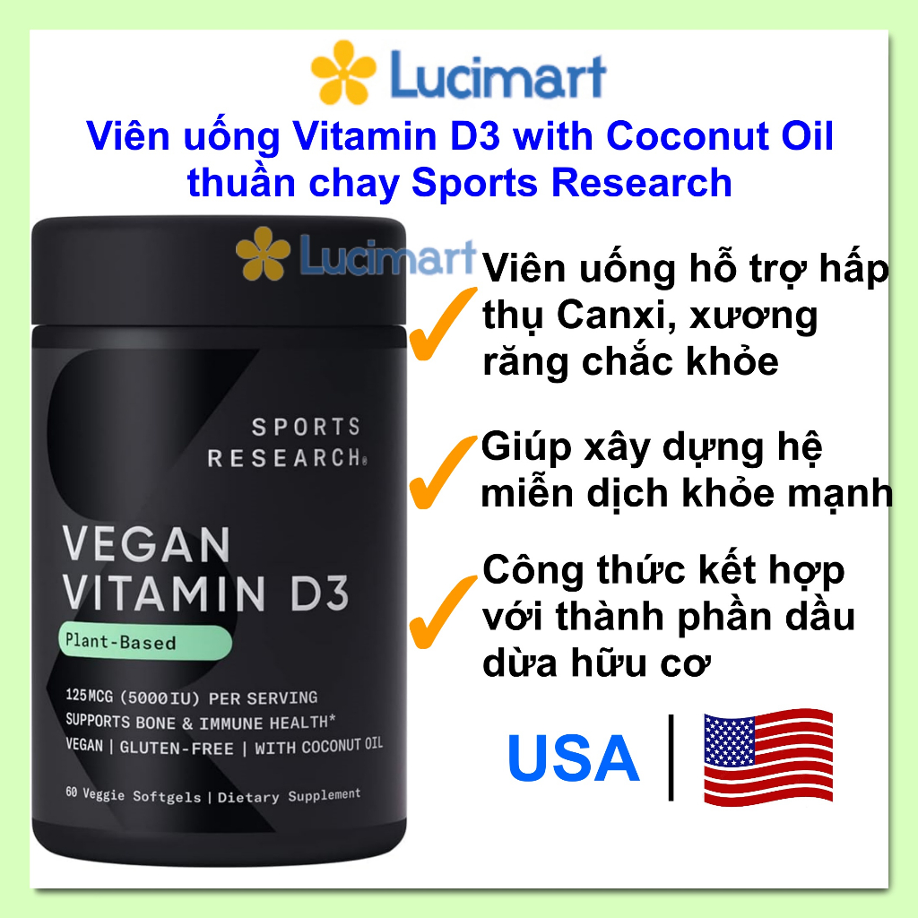 Viên uống Vitamin D3 with Coconut Oil thuần chay Sports Research hũ 60 viên [Hàng Mỹ]