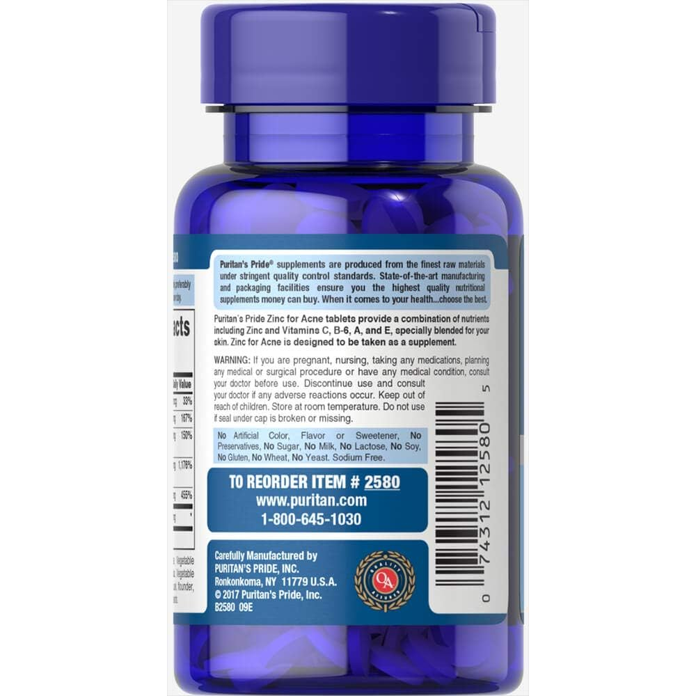 Viên uống Kẽm ngừa mụn Zinc for Acne Puritan’s Pride hũ 100 viên