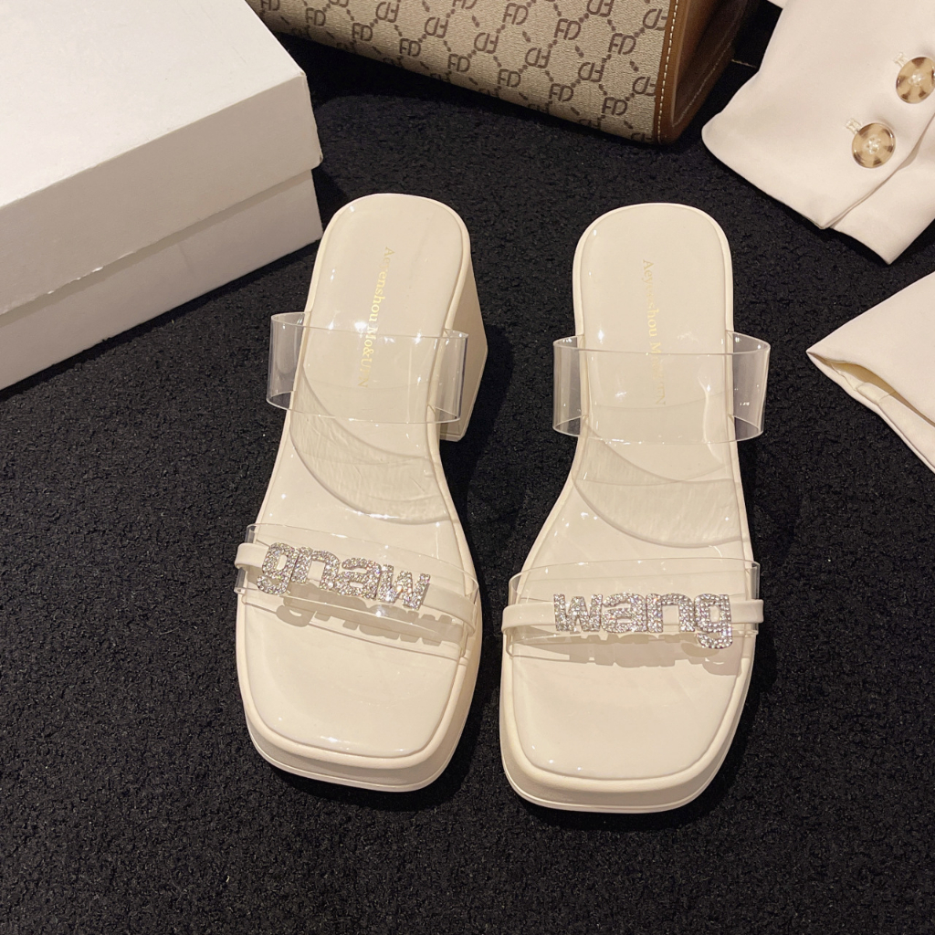 Dép sandal nữ minhtuyetshoes đế dày quai trong đính xoàn 7cm quai ngang  mẫu mới bền đẹp hè 2023