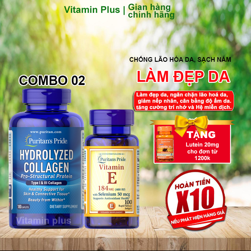 Combo Viên uống trắng da đẹp da,mờ vết thâm do mụn,giảm tàn nhang Vitamin E 100 viên & Collagen thủy phân Puritans Pride