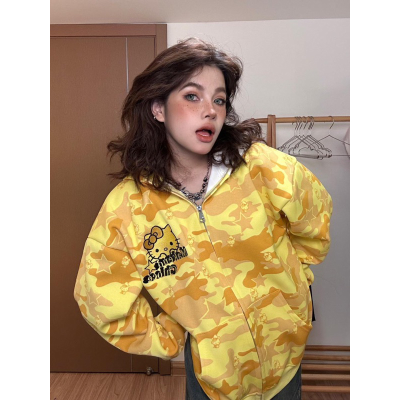 Áo khoác mèo HELLO KITTY màu rằn ri siêu hot hit mũ mèo kéo được hết lên đỉnh phối tai mèo