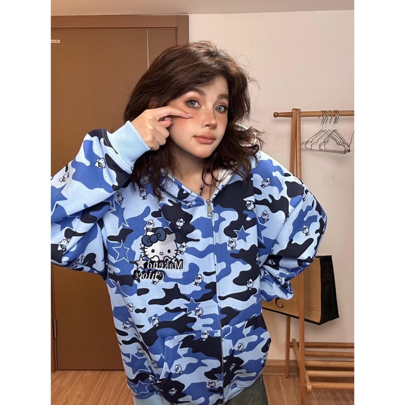 Áo khoác mèo HELLO KITTY màu rằn ri siêu hot hit mũ mèo kéo được hết lên đỉnh phối tai mèo