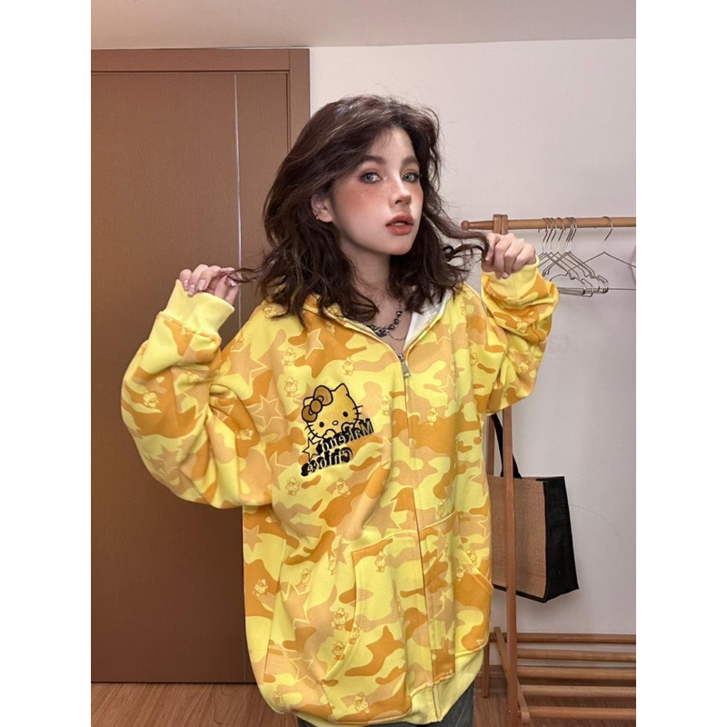 Áo khoác mèo HELLO KITTY màu rằn ri siêu hot hit mũ mèo kéo được hết lên đỉnh phối tai mèo