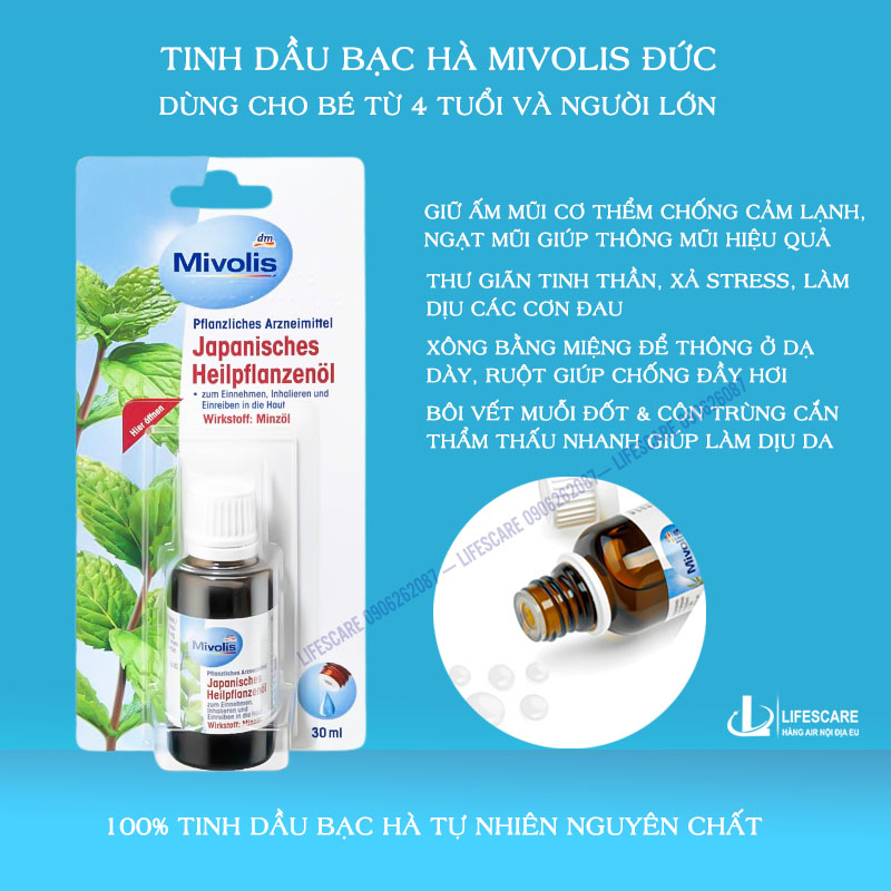 Tinh dầu bạc hà Mivolis Đức giảm ho, ngẹt mũi, giảm đau, giải cảm, hỗ trợ tiêu hóa tốt cho trẻ, 30ml