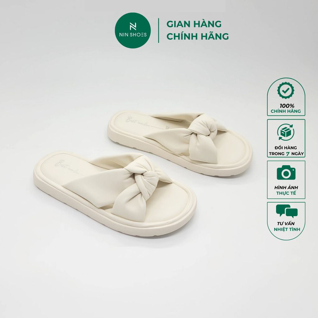 Dép lê Ninshoes Dép quai ngang 1 phân đế bằng mũi tròn tag quai nơ xoắn chéo