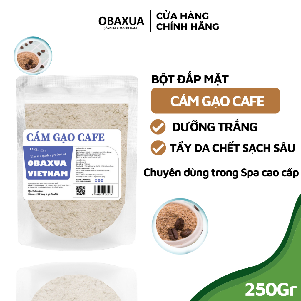 Bột ủ trắng cám gạo cafe Obaxua - Mặt nạ bột giúp dưỡng trắng, tẩy da tẩy da chết sạch sâu