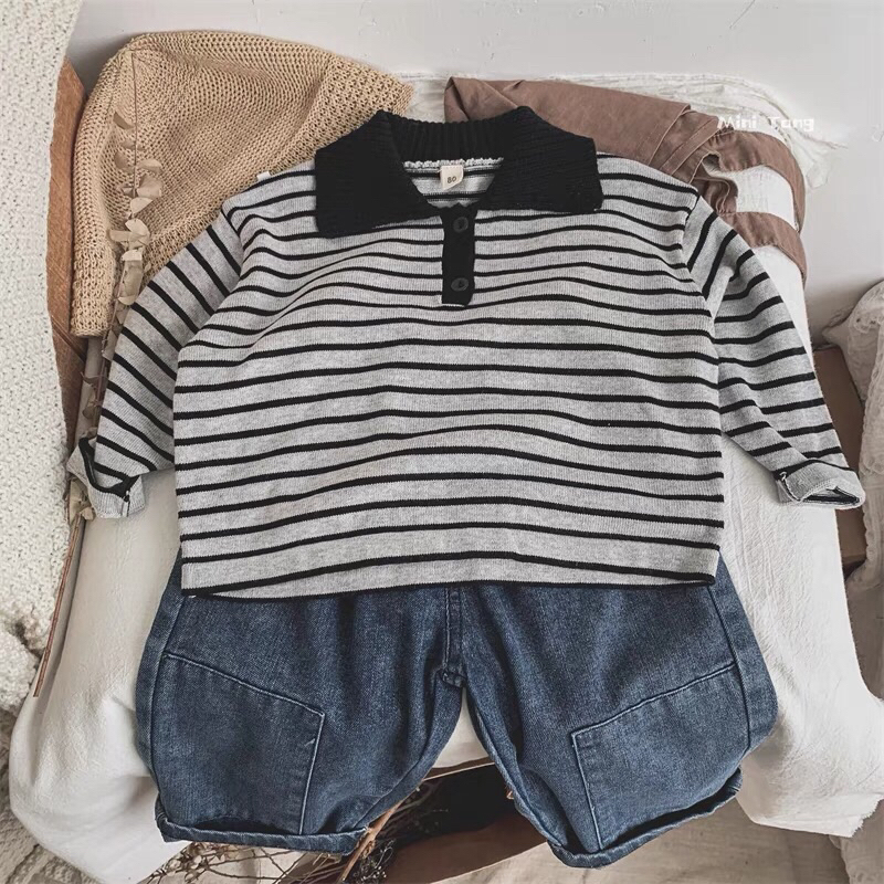 Áo polo len kẻ sọc mềm mịn cho bé trai bé gái hàn quốc 1-8T
