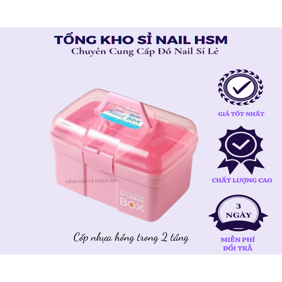 Cốp nhựa 2 tầng hồng nắp trong đựng đồ nail - Phụ kiện đồ nail HSM