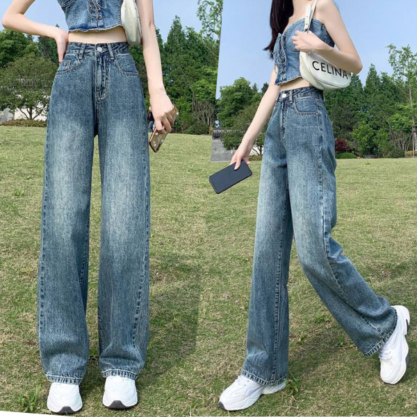 Quần Jeans Suông Nữ Ống Rộng Cạp Cao Màu Xanh Sáng TDSHOPNT, Quần Bò RETRO Denim Co Giãn Ống Rộng Phong Cách Hàn Quốc