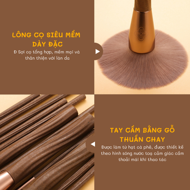 Bộ cọ trang điểm EIGSHOW ultimate fully vegan sustainable 12 pcs ecopro coffee makeup brush kit