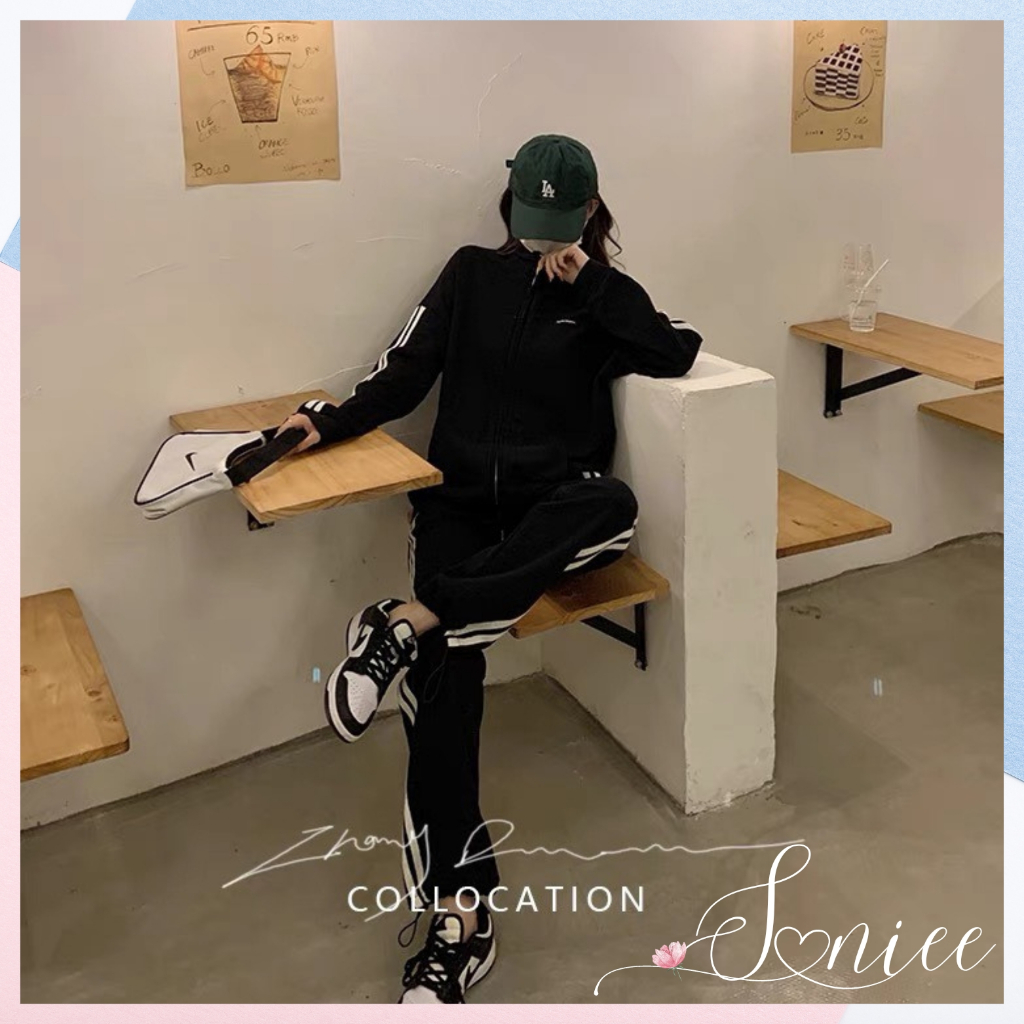 Bộ nỉ nữ MORE unisex set đồ nam nữ SanieeClothes áo khoác ngoài kèm quần chun bo gấu form rộng style thể thao hàn quốc