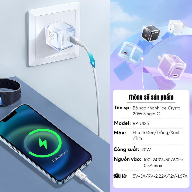 Bộ sạc nhanh IP 20W Ice Crystal Remax RP-U136 dành cho điện thoại IP 8plus - 14promax dạng tinh thể băng độc đáo