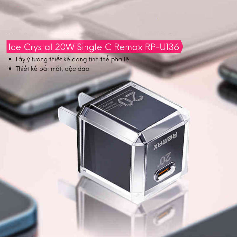 Bộ sạc nhanh IP 20W Ice Crystal Remax RP-U136 dành cho điện thoại IP 8plus - 14promax dạng tinh thể băng độc đáo