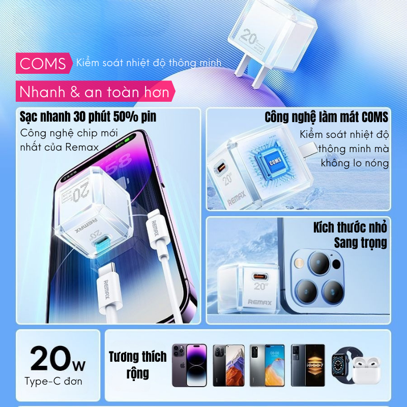 Bộ sạc nhanh IP 20W Ice Crystal Remax RP-U136 dành cho điện thoại IP 8plus - 14promax dạng tinh thể băng độc đáo