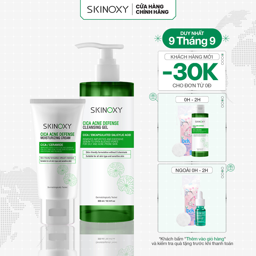 Combo Gel rửa mặt Skinoxy Cica Acne Defense Cleansing Gel - 300ml + Kem dưỡng ẩm và làm dịu da chiết xuất rau má - 50g