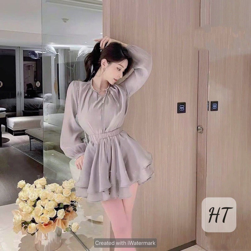 Set Bộ Nữ Áo Dài Cổ Tròn Kết Hợp Chân Váy Có Lót Chất Voan Lụa Như Hình