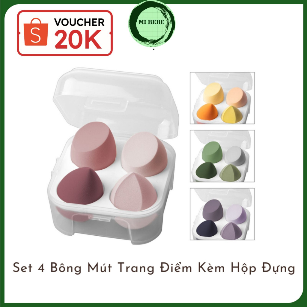 Set 4 bông mút trang điểm IMAGIC sử dụng khô mềm mại không hút phấn kèm hộp đựng - Mibebe