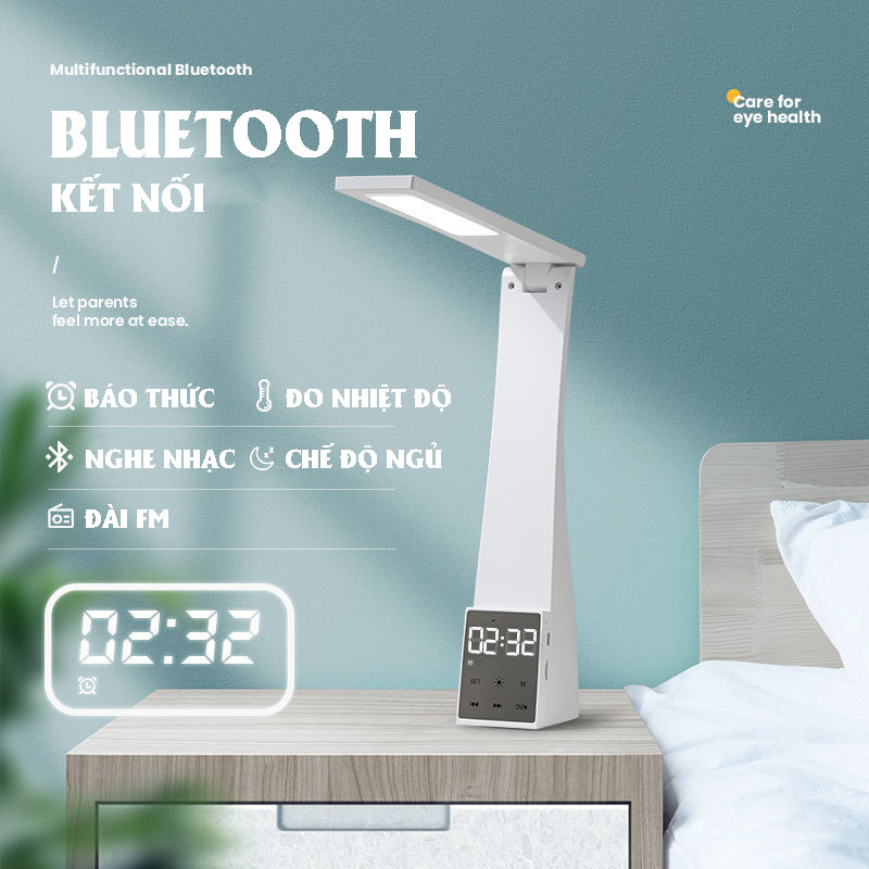 Đèn Học Để Bàn Đa Năng 3 Chế Độ Ánh Sáng Tích Hợp Loa Bluetooth Có Báo Thức Cổng Sạc