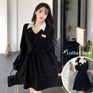 Váy đầm đen cổ bẻ dáng ngắn dài thắt eo trước phong cách Hàn Quốc MS345