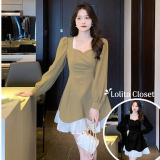 Váy đầm tiểu thư eo ly màu be nâu đen phối đuôi trắng dáng ngắn xòe tay dài phong cách Hàn Quốc JC000